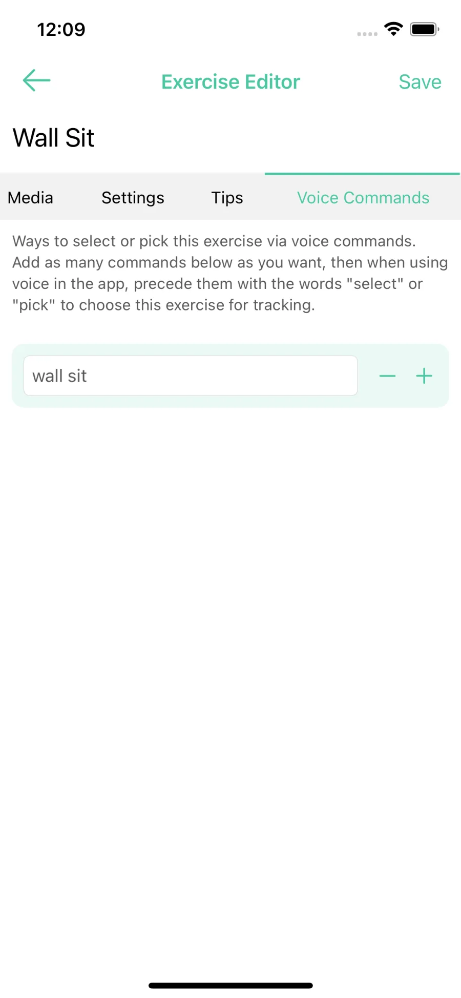 Specify the voice command(s) for the custom exercises you create