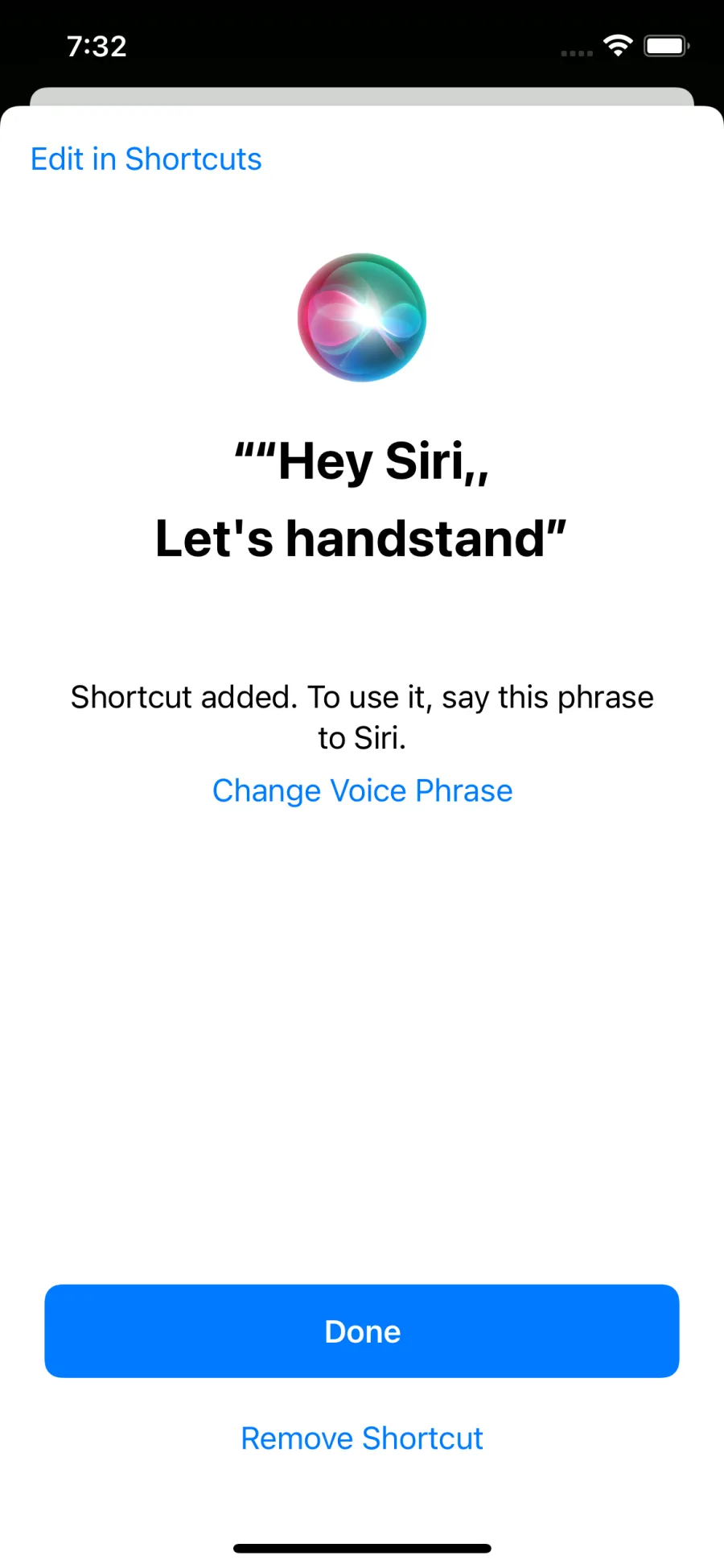 Add Hey Siri Let's Handstand Shortcut
