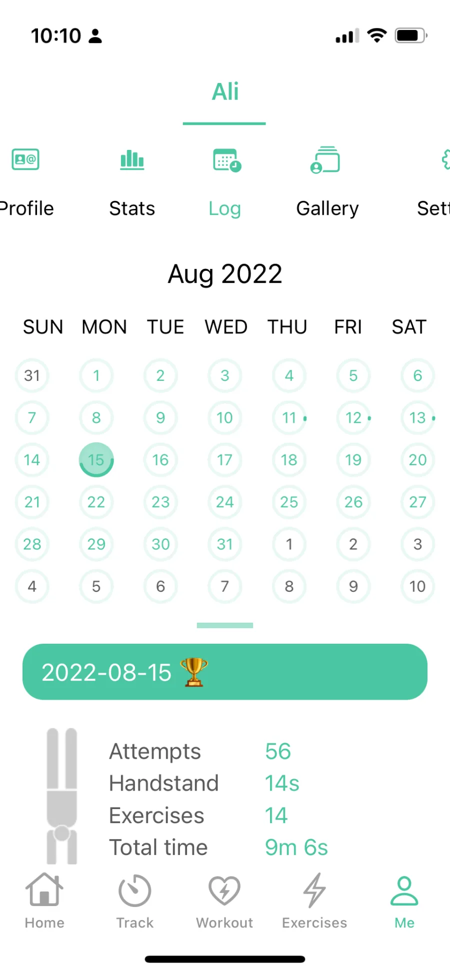 Workout Log: view activity day by day with calendar