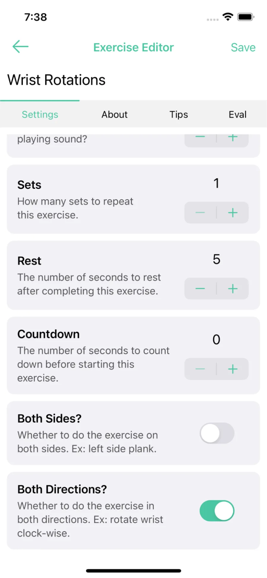 Core Exercise Settings