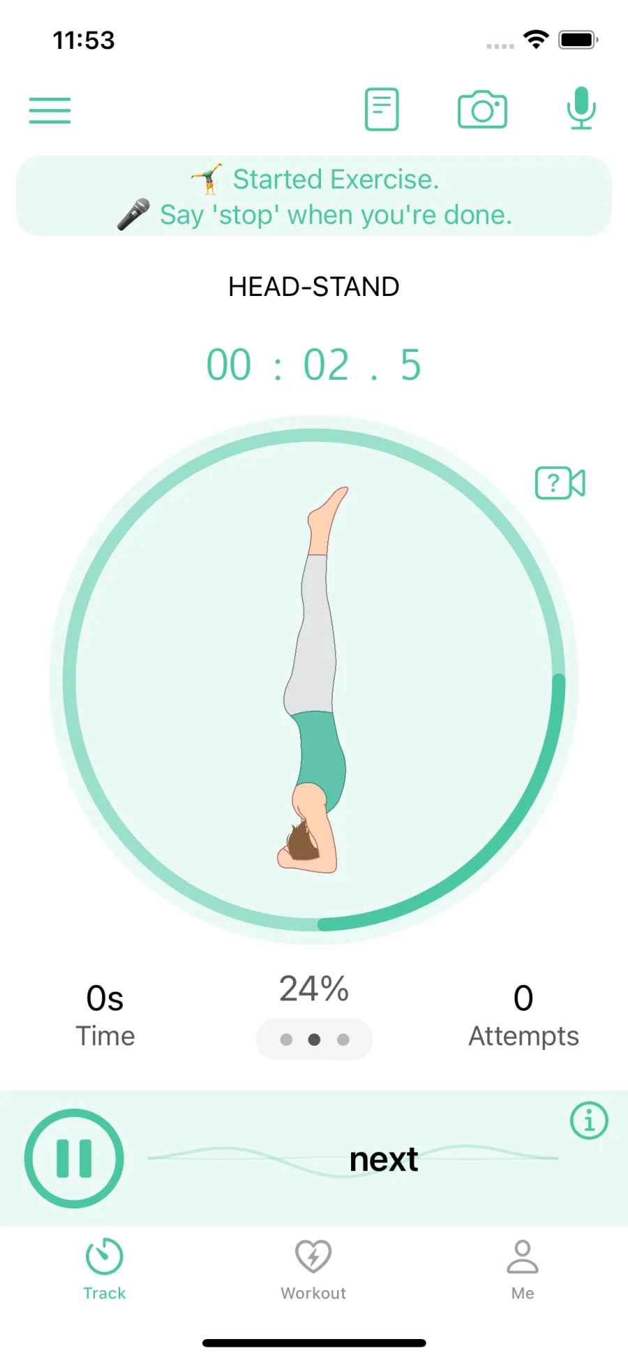 Say next to jump to the next exercise in the category and automatically start the timer. Say "after" to jump without automatic tracking