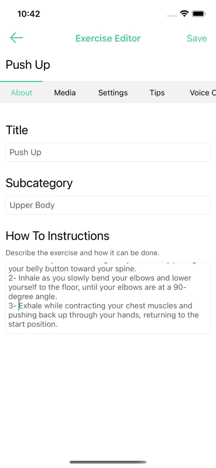 Custom exercise Title, subcategory and how to instructions