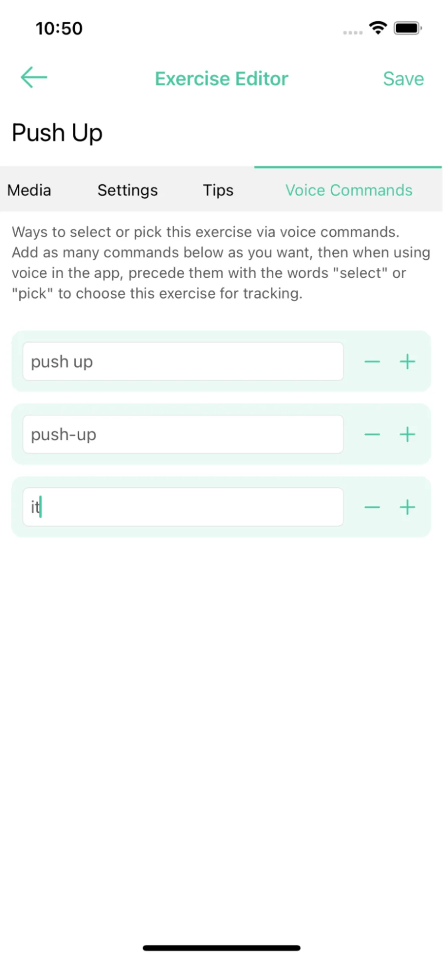 Your own voice commands for the custom exercise